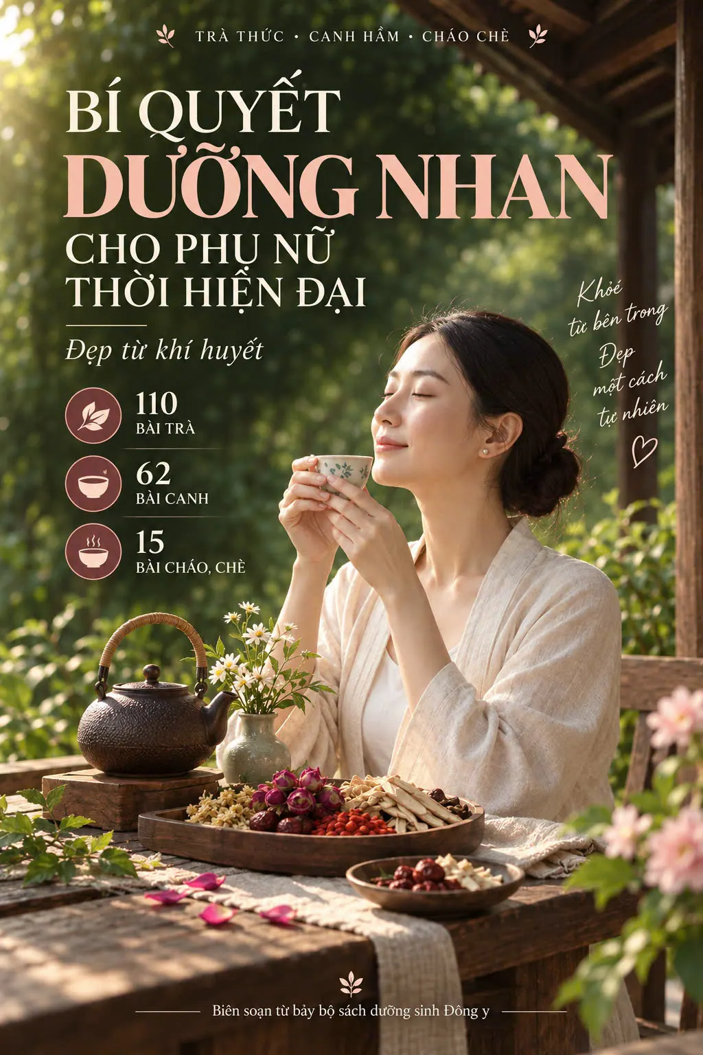 Bìa ebook Bí quyết dưỡng nhan cho phụ nữ thời hiện đại: người phụ nữ thưởng trà bên bàn gỗ bày nguyên liệu dưỡng sinh