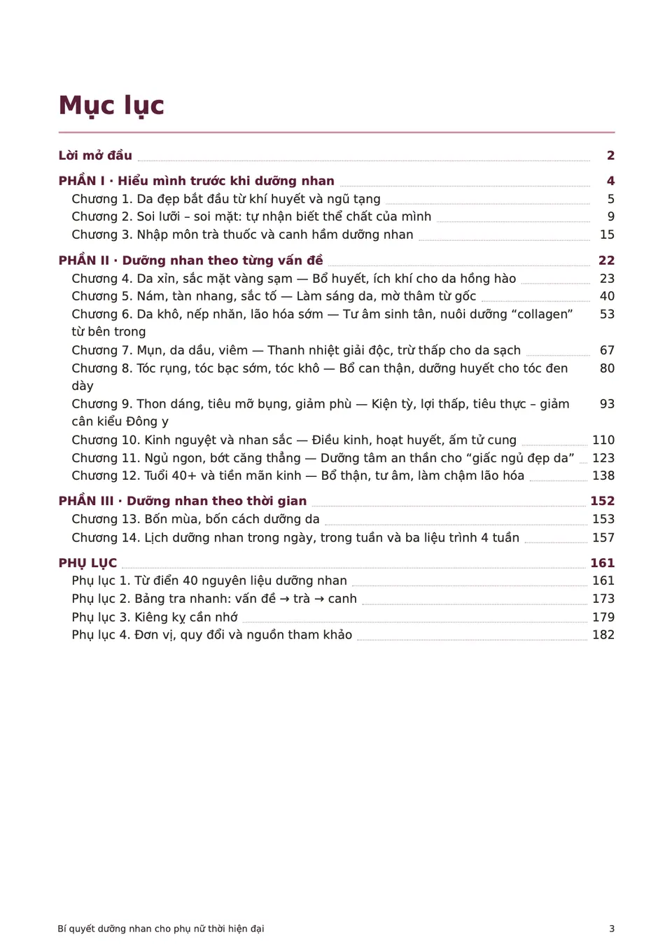 Trang mục lục của ebook với ba phần và bốn phụ lục