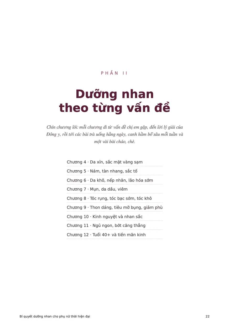 Trang mở đầu Phần II với chín chương dưỡng nhan theo vấn đề